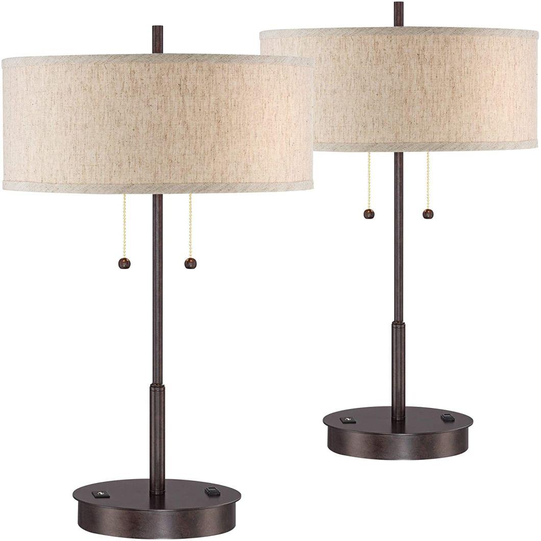 Modern Accent Table Lamps Set of 2 with Hotel Style USB and AC Power Outlet in Base Bronze Slim Fabric Drum Shade for Living Room Bedroom House Bedside