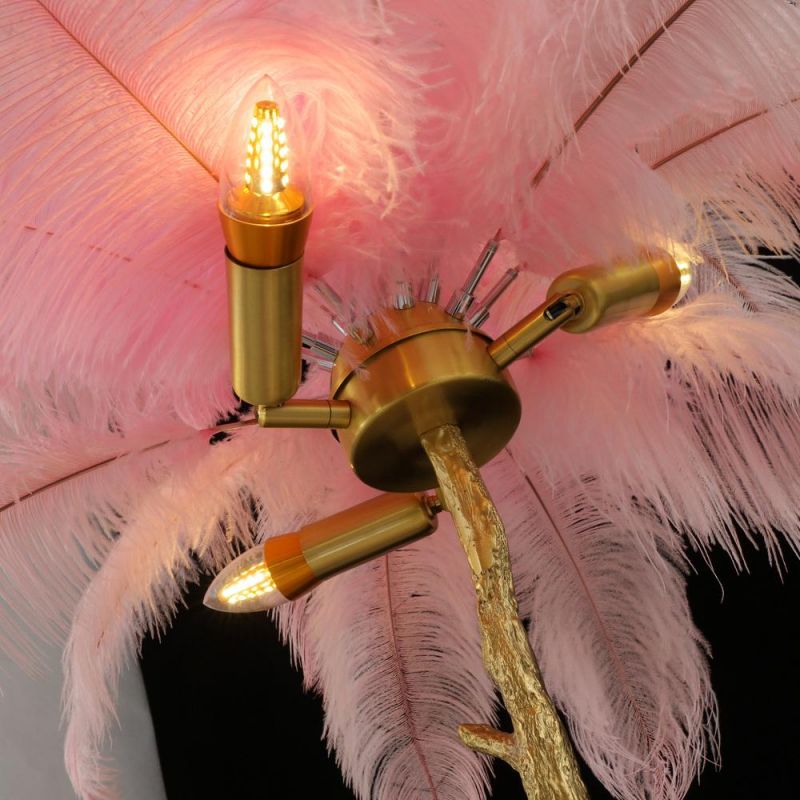 2022 Gold Copper Indoor Designer Decorative Ostrich Pink Feather Lights Bedroom LED Table Lamp