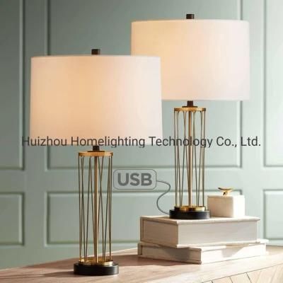 Jlt-9423 Fabric Drum Shade Gold Table Lamp with USB Charger