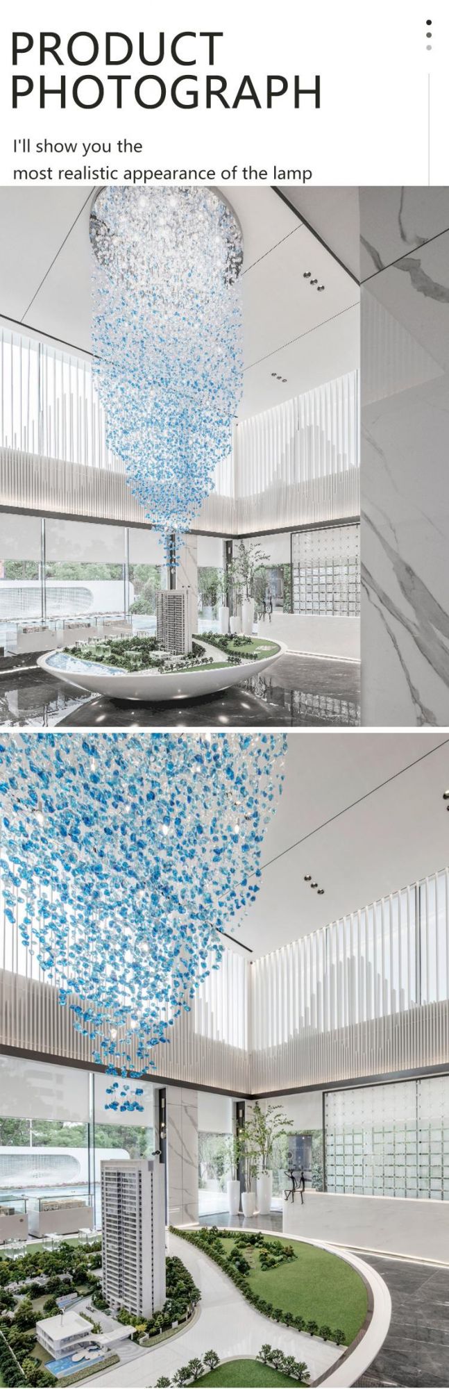 Custom Long Stone Decoration Luxury Villa Staircase Hotel White LED Chandelier Light