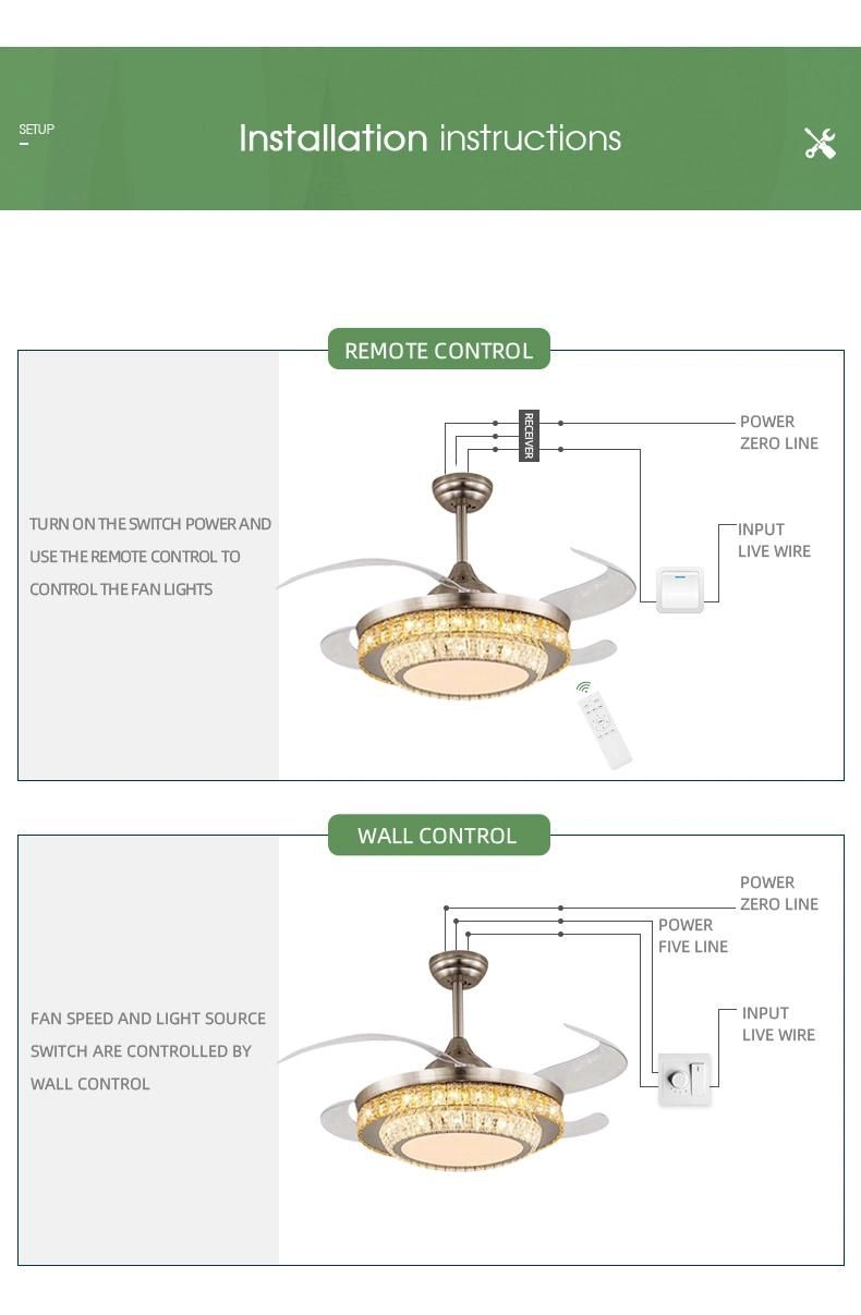 AC110V/220V Frequency Conversion Fan Lamp LED Crystal Fan Light Invisible Fan Lamp for Indoor Lighting