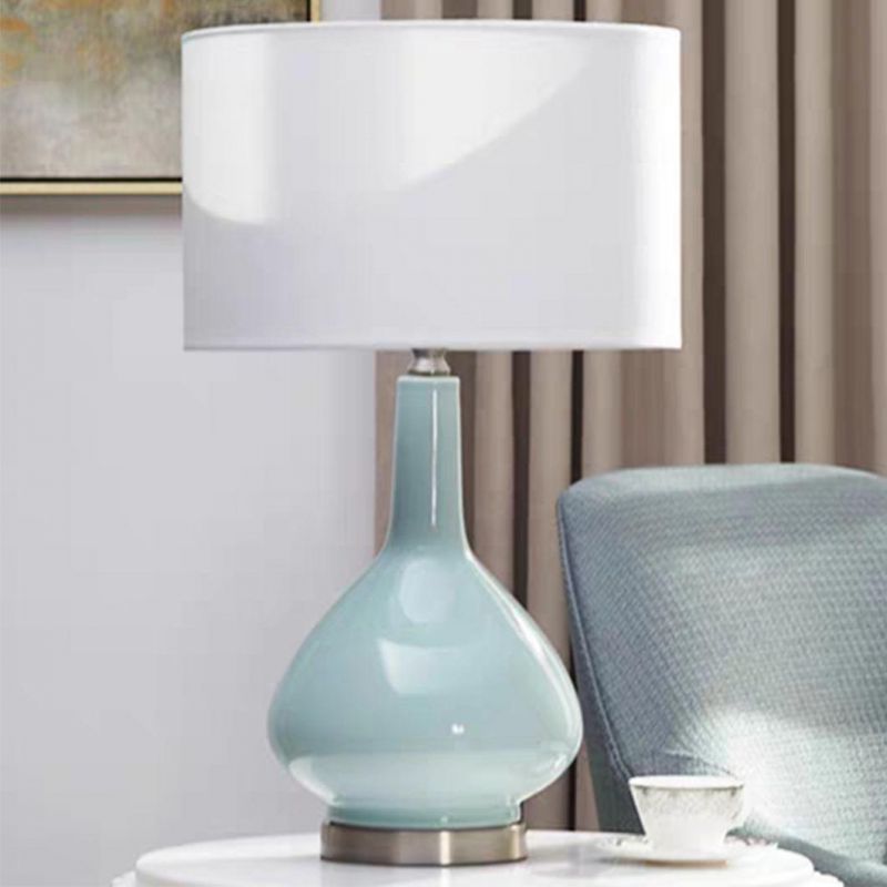 Green Ceramic Table Lamp Fabric Shade Cylinder Modern Bed Side Table Lamp