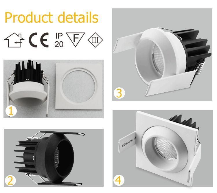 Hotel CCT 50mm Cut out Trimless Dimmable Anti Glare Down Light Square Antiglare COB Ceiling Recessed LED Downlight