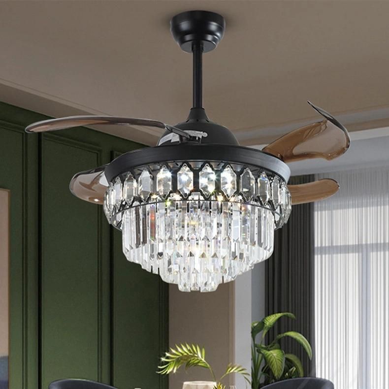 Decorative Luxury Retractable Chandelier Crystal Fancy Hidden Transparent Blade Ceiling Fan with Light