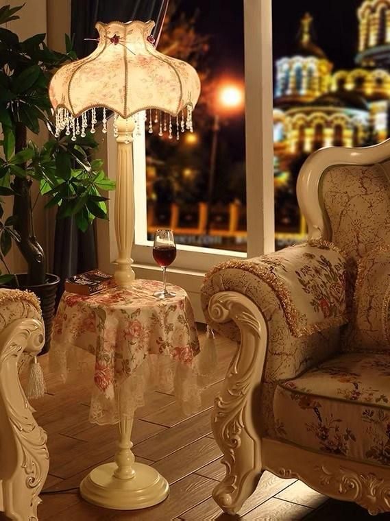 OPP Lighting European Floor Lamp Tea Table Luxury Living Room Bedroom American Fashion Table Retro Creative Wood Lace