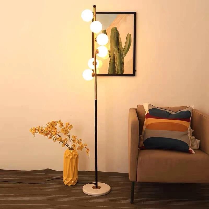 Nordic Design LED Creative Bedroom Living Room Lights Study Simple Post Floor Lamp with Modern Flexible 6 Lights Simple Indoor Floor Lamp Glass Ball