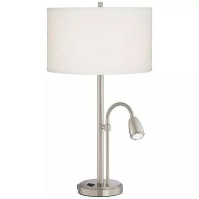 UL Listed Brushed Nickel and Silver Hotel Table Wood Lamp with Outlet&amp; USB Port and Base Switch G9