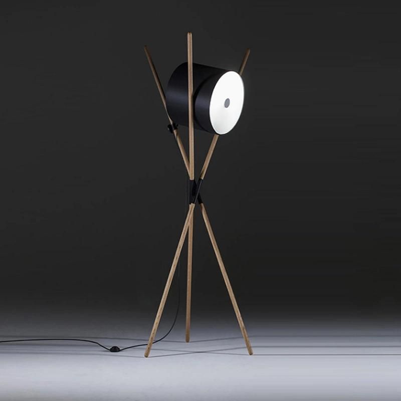 Designer Walnut Solid Wood Three Corner Table Lamp Nordic Lying Drum Model Room Creative Post Modern Three-Legged Leather Floor Lamp