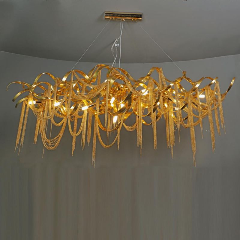 2022 Rectangular Golden Tassel Aluminum Chain Nordic Postmodern Restaurant Chandelier