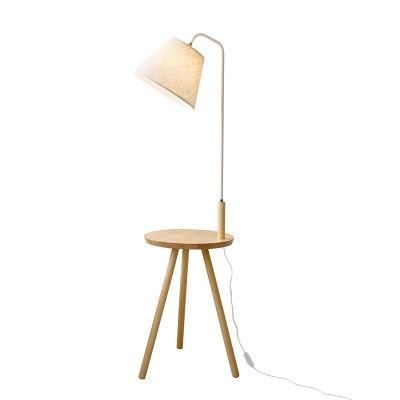 LED Wood Tripod Floor Light Lighting Modern Living Bedroom Double Multi-Function Usage Lamp Fabric Shade Standing Floor Lamp with Table Shelf