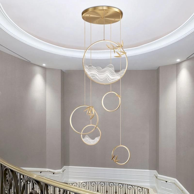 Chinese Style Stair Chandelier Dining-Room Lamp Villa Long LED Pendant Light
