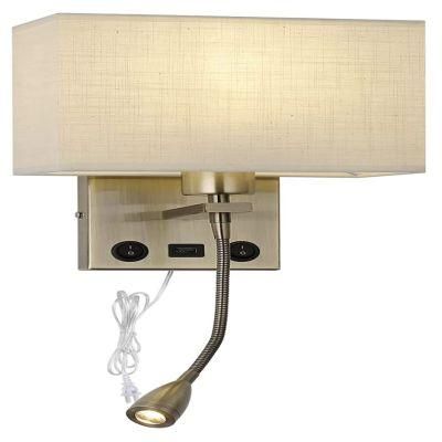 Wall Light Plug in Bedside LED Wall Sconce Bedroom Hotel with Linen Fabric Shade on/off Switch USB Charging Port Antique Brass Finish