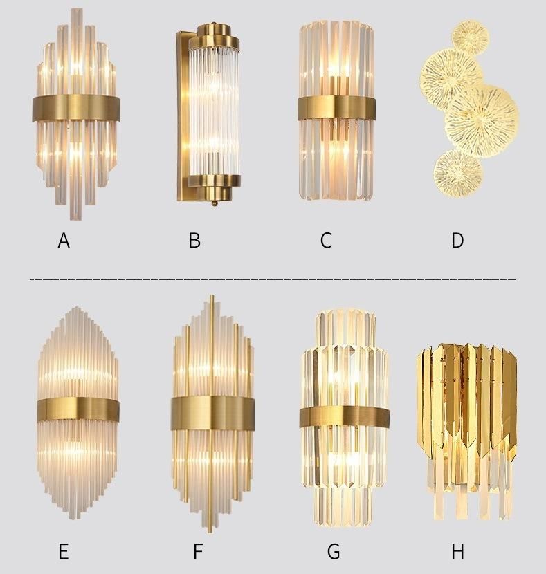 European Crystal Wall Sconce Golden Wall Lamp Indoor Lighting LED for Living Room with Glass Lampshade