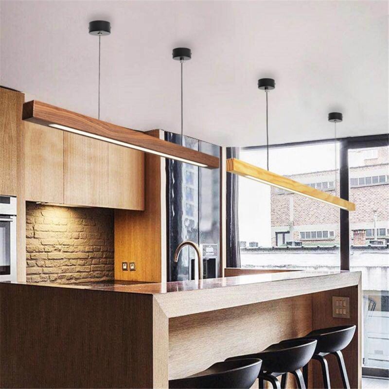 Modern Simple LED Long Strip Pendant Lights Restaurant Bar Office Hanglamp Dining Room Solid Wood LED Pendant Lamps