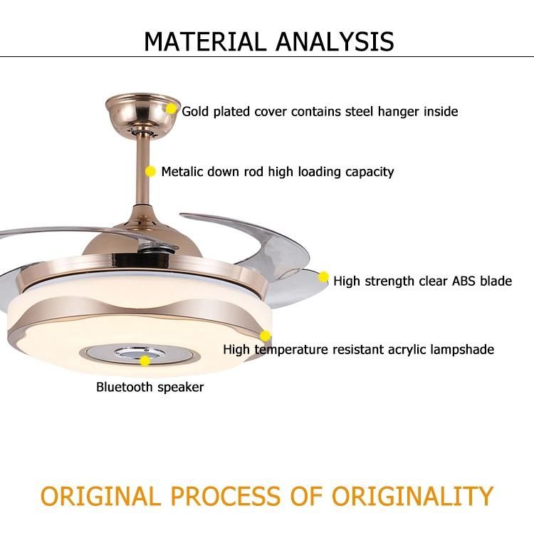 Golden Simple Bluetooth Audio Fan Light 4 Pieces Hidden Blades; MP3+ Bluetooth Ceiling Fan Light