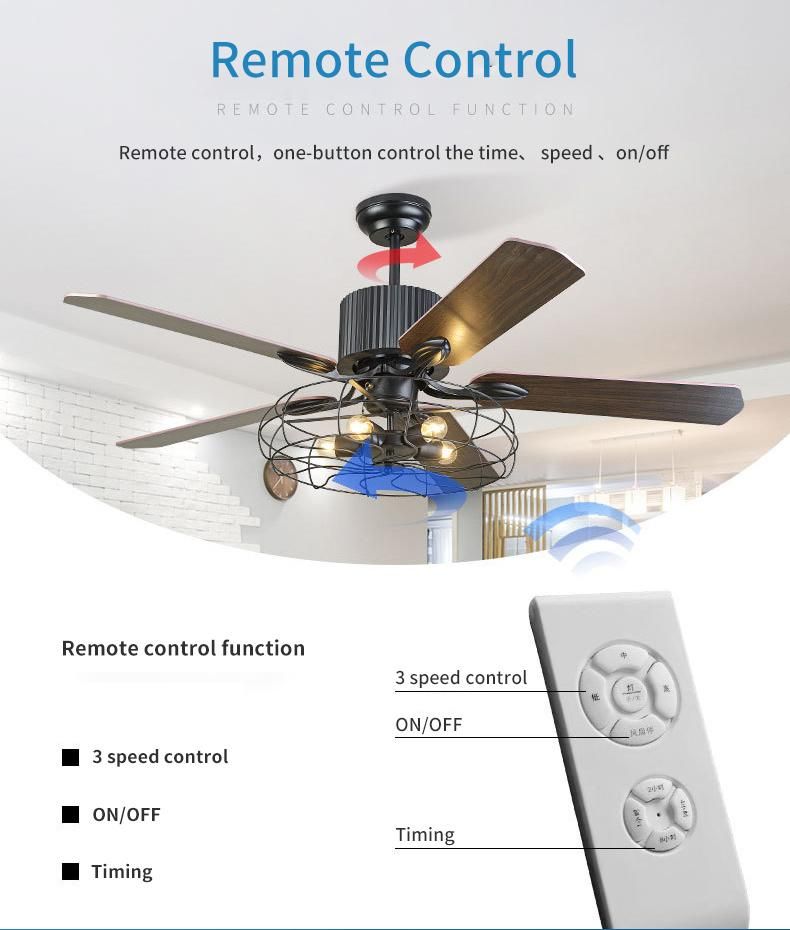 Hot Sale USA Morden Industrial Style Wooden 5 Blades LED Ceiling Fan with Light Bulb for Ceiling with Remote Control