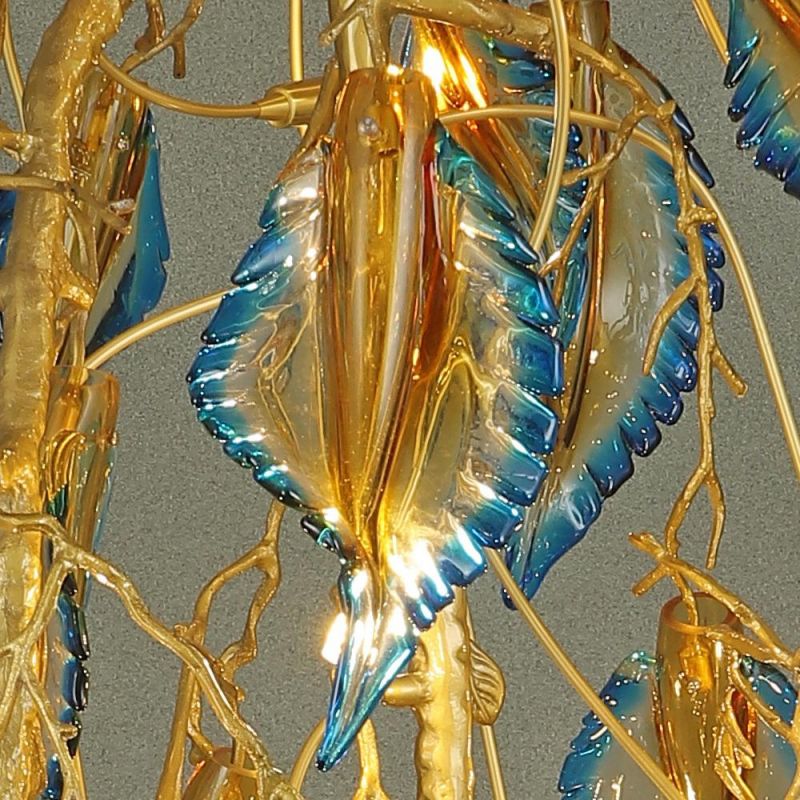 2022 New Meerosee Crystal Feathers Light Fixtures Large Copper Chandelier Long Brass Colorful Leaves Lamp Branch Light