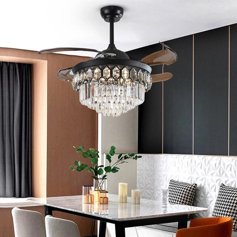 Decorative Luxury Retractable Chandelier Crystal Fancy Hidden Transparent Blade Ceiling Fan with Light