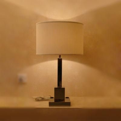 Round Beige Fabric Shade and Tube with Square Base Table Lamp.