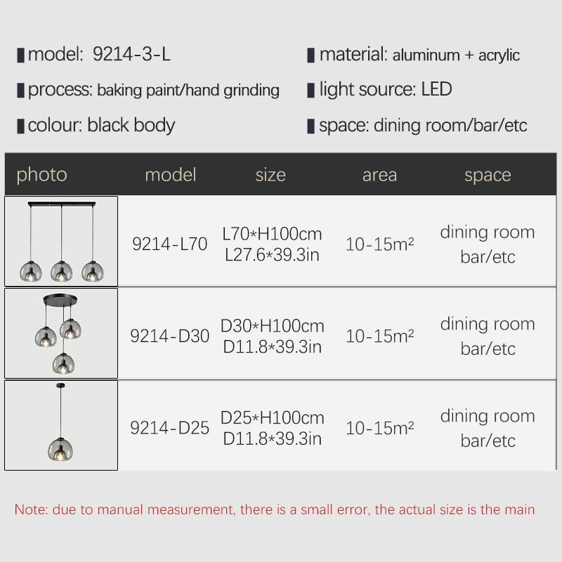 Nordic LED Pendant Lamp E27 Black Chandelier for Living Room Dining Room Kitchen Bedroom Modern Gray Glasslamp (WH-GP-32)