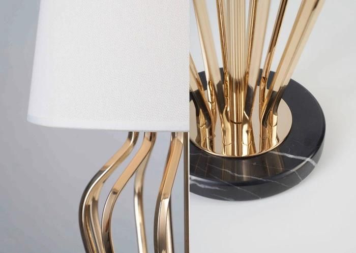 Golden Metal Hotel Modern Desk Table Lamp Light in Black Marble Base, with White Fabric Shade