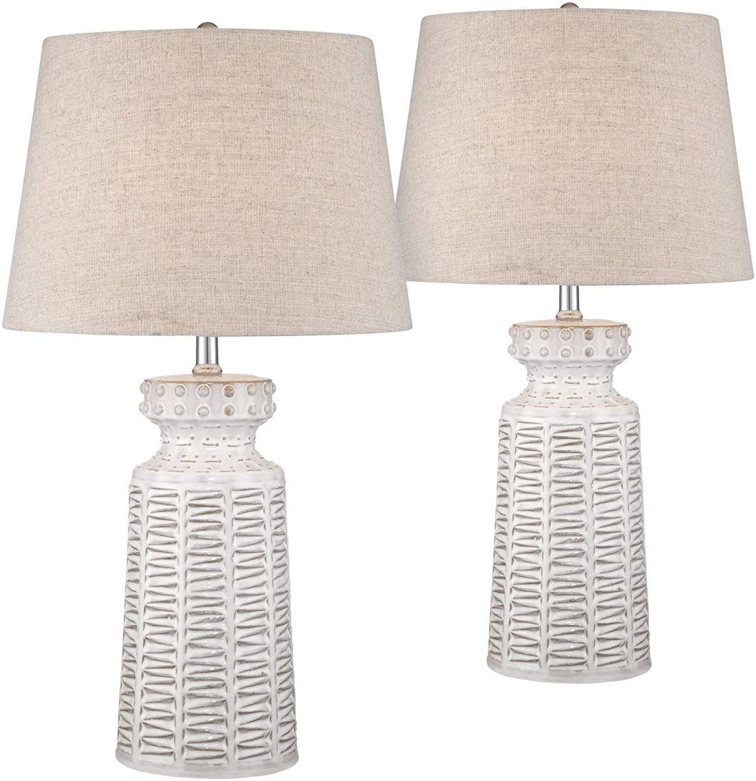 Helene Vintage Country Cottage Table Lamps Set of 2 Ceramic Rustic White Glaze Beige Linen Drum Shade for Living Room Bedroom House Bedside Nightstand Home Offi