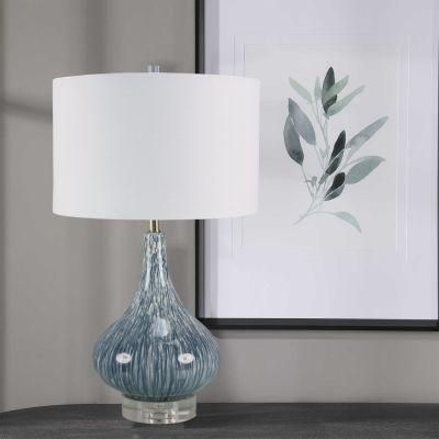 High Quality Style Personality Simple Design Living Room Cloth Lampshade Blue Art Glass Table Lamp Luxury Modern LED Lamp