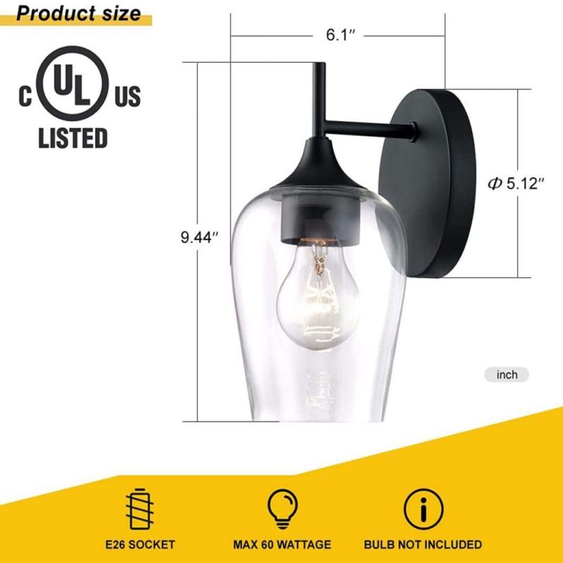 Black Wall Sconces Farmhouse Sconces Wall Lighting Hardwired Bathroom Vanity Lighting with Clear Champagne Glass Shade Indoor Wall Lamp Kitchen Stairway Living