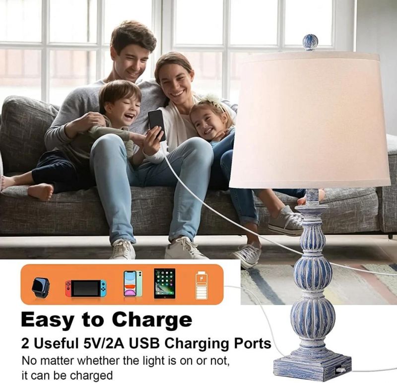 Farmhouse Table Lamp Set of 2, Traditional Table Lamp with Dual USB Ports, Rustic Bedside Lamps with White Fabric Shade,