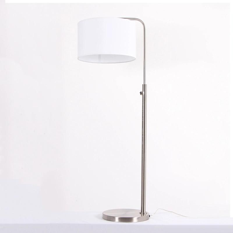 Satin Nickel Metal Body and White Fabric Lamp Shade Floor Lamp.