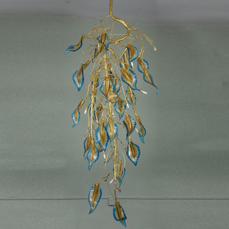 2022 New Meerosee Crystal Feathers Light Fixtures Large Copper Chandelier Long Brass Colorful Leaves Lamp Branch Light