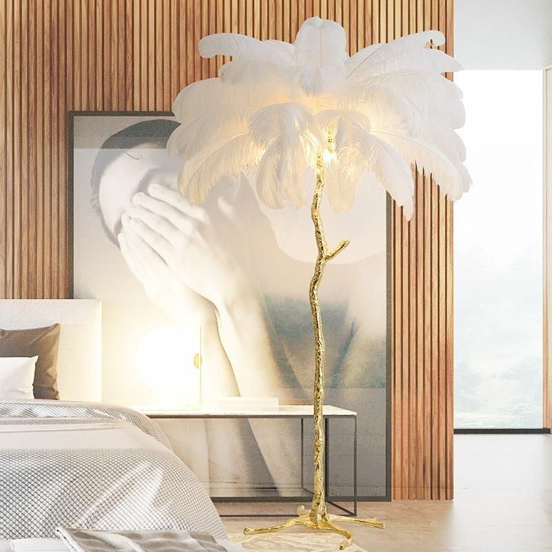 Nordic Modern Brass Copper Resin Hotel Stand Lamp Light Ostrich Feather Light Floor Lamp