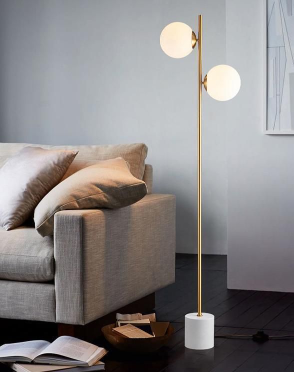 Nordic Modern Creative Floor Lamps Home Living Room Decoration Light Romantic Designer Stand Gold Metal Marble LED Floor Lamp with Two Glass Ball Shades