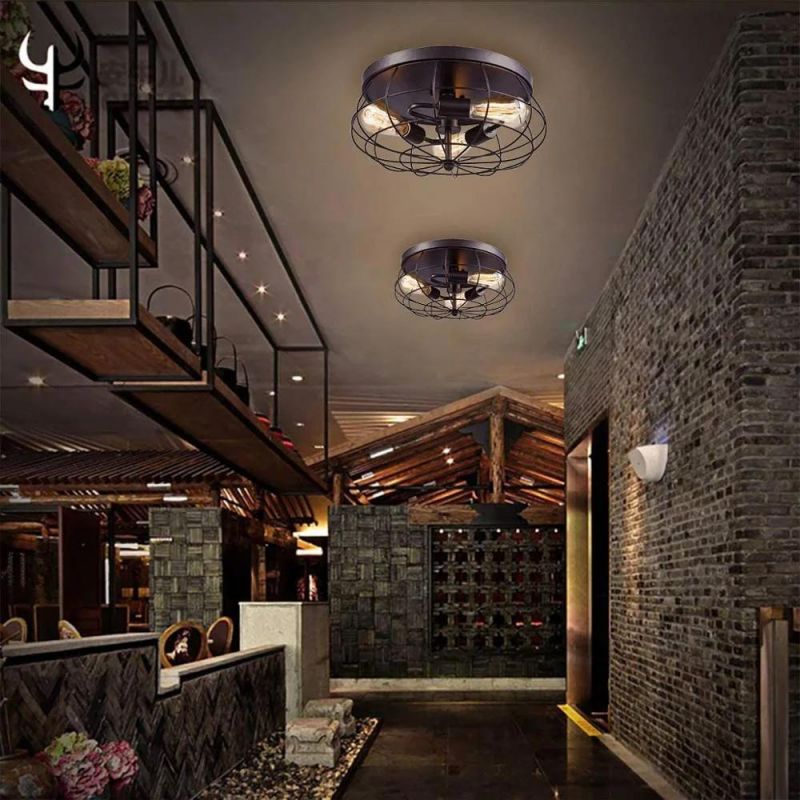 Industrial Retro Metal Cage Ceiling Light Semi Flush Moun Lamp Fixture Farmhouse Hallway Vintage Ceiling Lamp (WH-LA-35)