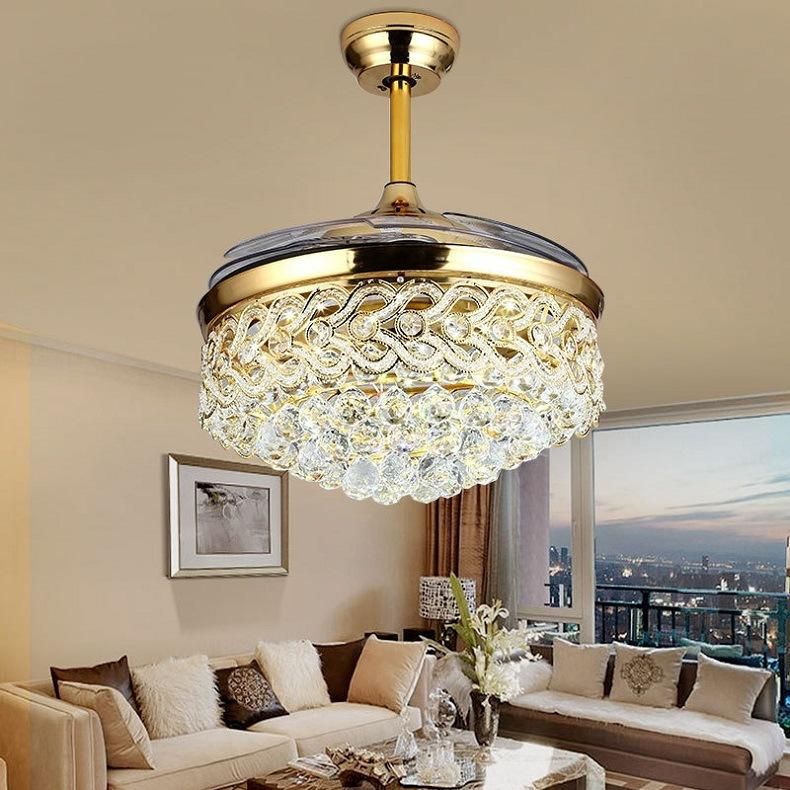 Luxury Golden LED Chandelier Lighting Remote Control Fancy Pendant Lamp Hotel Modern Crystal Ceiling Fan with Light Home