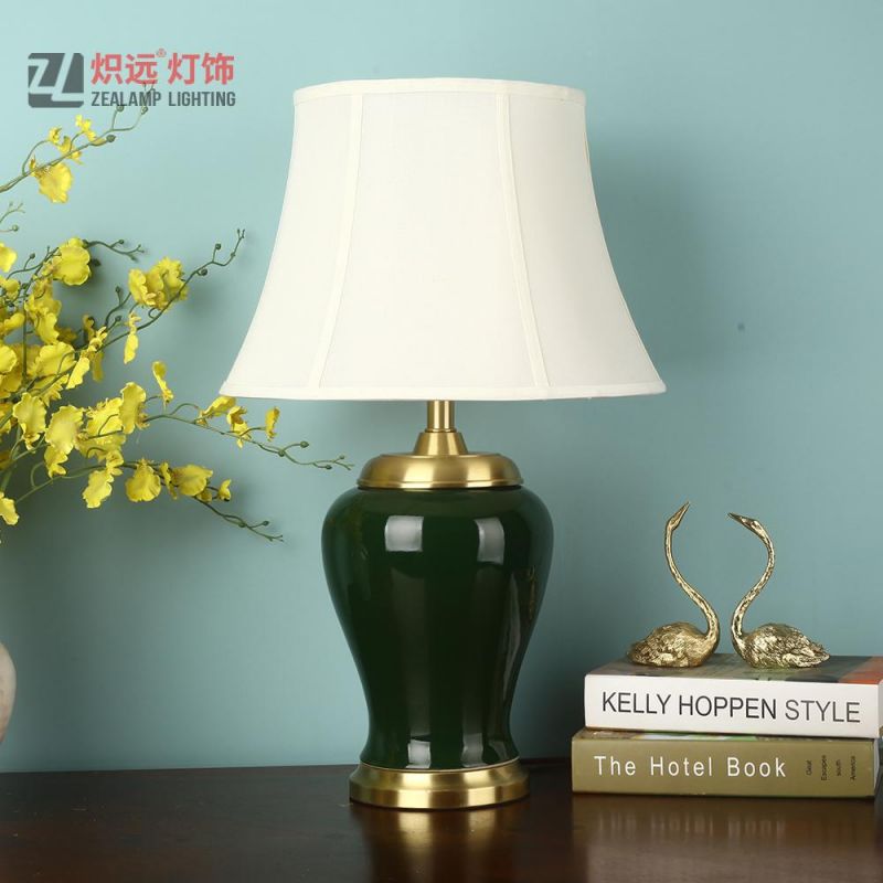 White Bell Shade Dark Green Ceramic Table Lamp (TL8062)