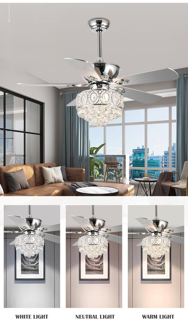 Decorative Trend White Light Crystal Fan Light Wall Power Electric Style Time Air Ceiling Fan Plywood Blades Crystal Light
