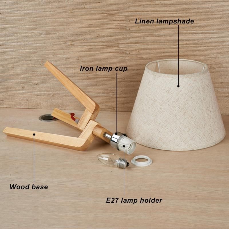 Beige Lien Shade Bedside Nightstand Light Solid Wood Base, Convenient Pull Chain Table Desk Lamp