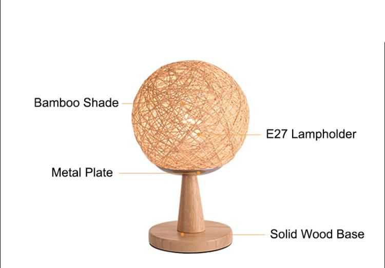 Jlt-R07 Natural Light Table Lamp Globe Ball Round Bamboo Rattan Shade Solid Wood Base for Bedroom Lighting