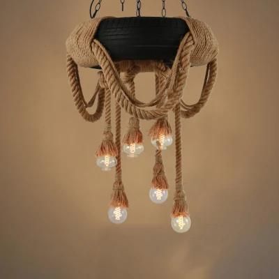 Industrial Ceiling Light Black Rattan Pendant Light with Rubber Hemp Rope Light