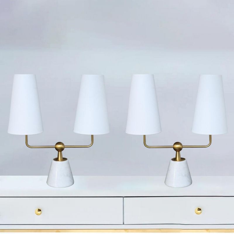 Gold Vintage Marble Base Linen Fabric Shade Nightstand Table Lamps for Bedroom Living Room Bedside
