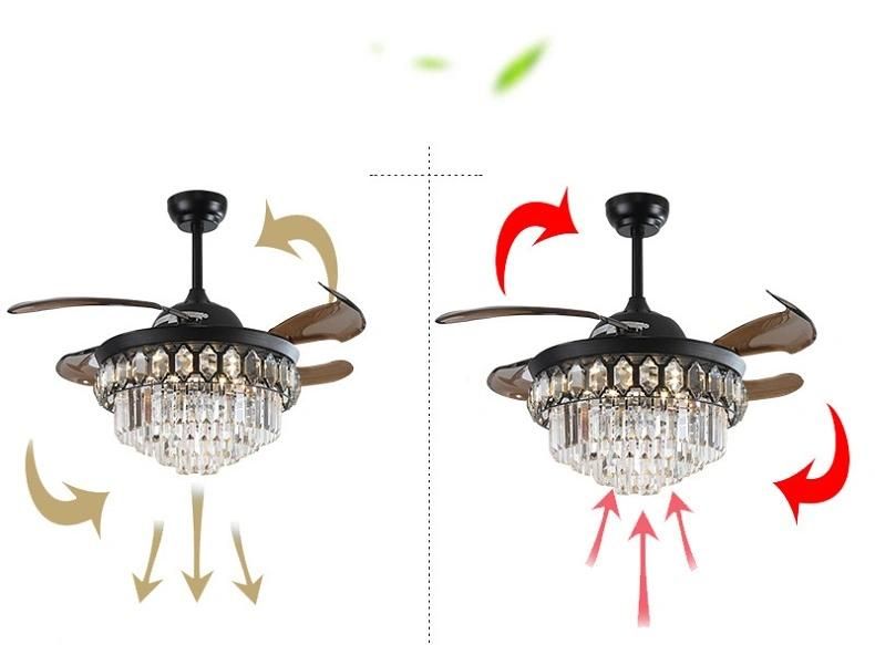 Luxury Retractable ABS Blades Silent Copper Motor Metal Decorative Crystal Ceiling Fan Light Modern