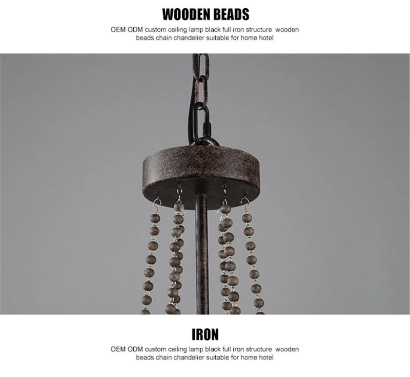 Country Style Iron Wooden Beads Chain Pendant Lights Chandelier