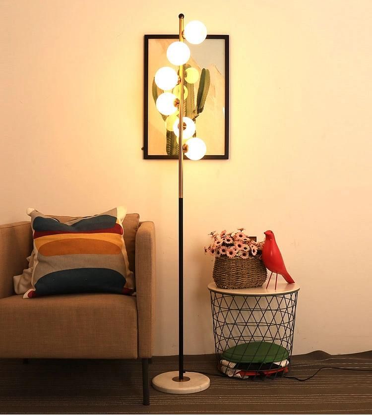 Nordic Design LED Creative Bedroom Living Room Lights Study Simple Post Floor Lamp with Modern Flexible 6 Lights Simple Indoor Floor Lamp Glass Ball