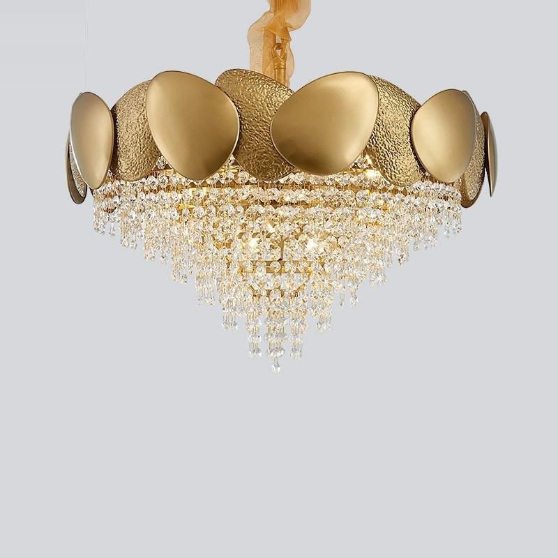 Luxury Design Golden Brass Iron Leaf Decoration K9 Crystal Krystal Drop Pendant Light for Hotel