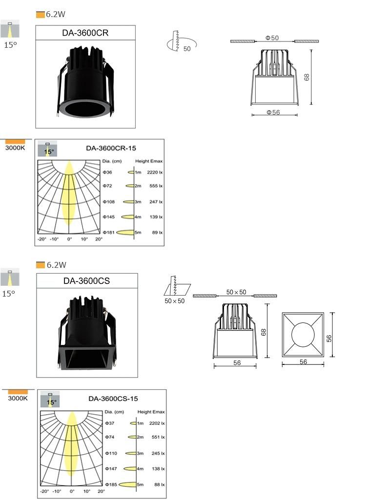 OEM & ODM Supply Hight Quality 6.2W LED Recessed Adjustable Dimmable COB LED Spotlight for Kitchen Living Room Commercial LED Downlight