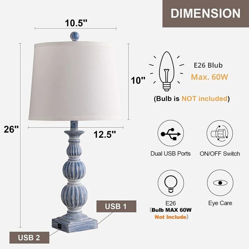 Farmhouse Table Lamp Set of 2, Traditional Table Lamp with Dual USB Ports, Rustic Bedside Lamps with White Fabric Shade,