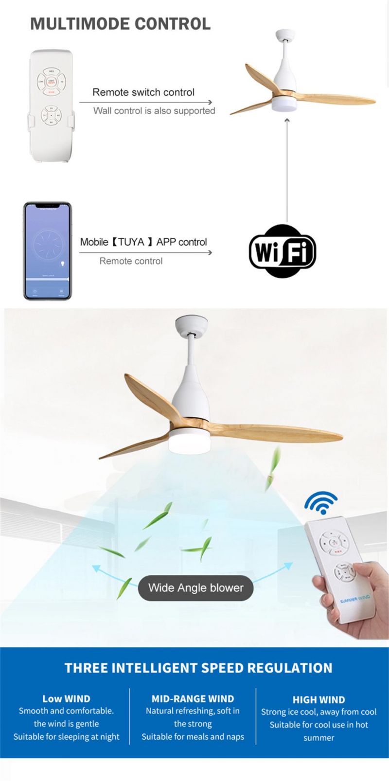 Smart Home Remote Control 3 Fan Speed 3 Blades Wood Bedroom Ceiling Fan LED Lighting