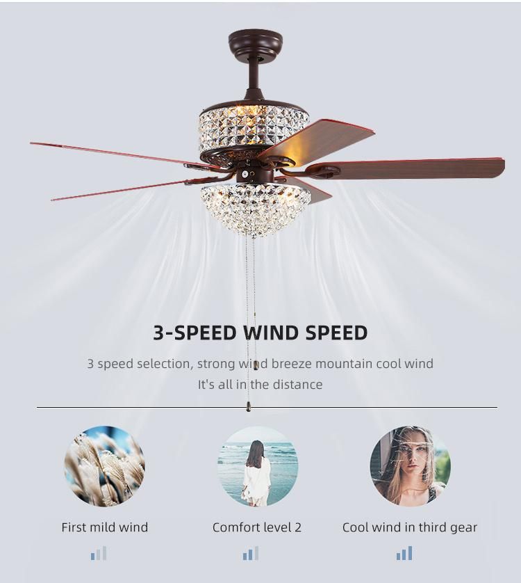 Crystal Ceiling Fan Remote Control 52inch 5 Blades Full Copper Wire Mute Motor Ceiling Fan Chandelier