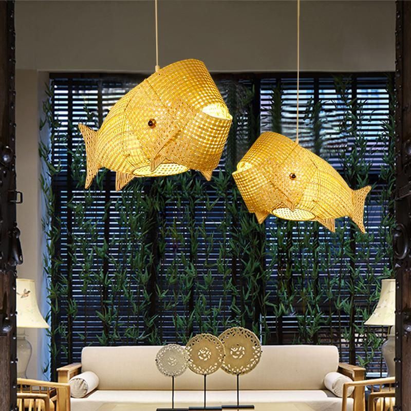 Fish Wooden Chandelier Dining Room Asian Style Restaurant Pendant Lamp